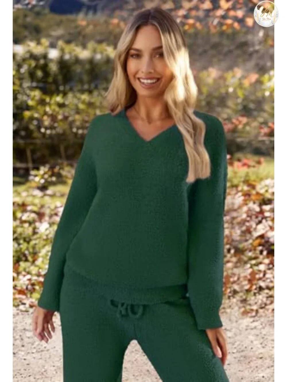 Fuzzy Fleece 2 Piece Pajama Lounge Set - Long Sleeve V-Neck
